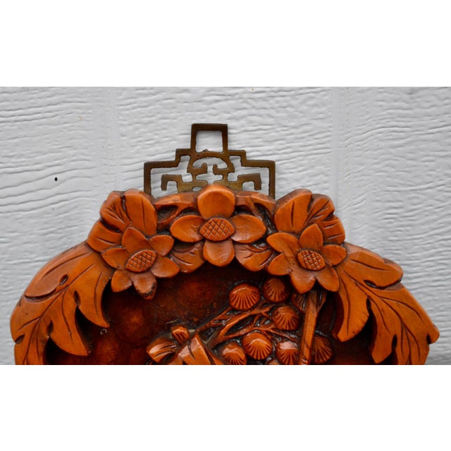 Vintage Chinese Hand Carved Wood Wall Plaque High Relief Asian Woman Flower Art For Sale - Image 9 of 13
