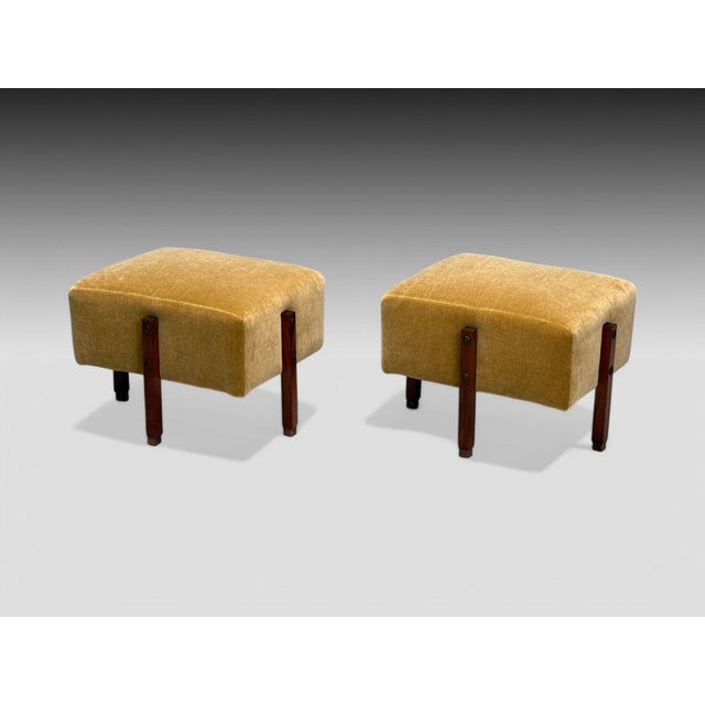 Italian Mid-Century Modern, Stained Wood, Camel Mohair, Footstools or Ottomans, Italy, 1960s Pair of rectangular ottomans...