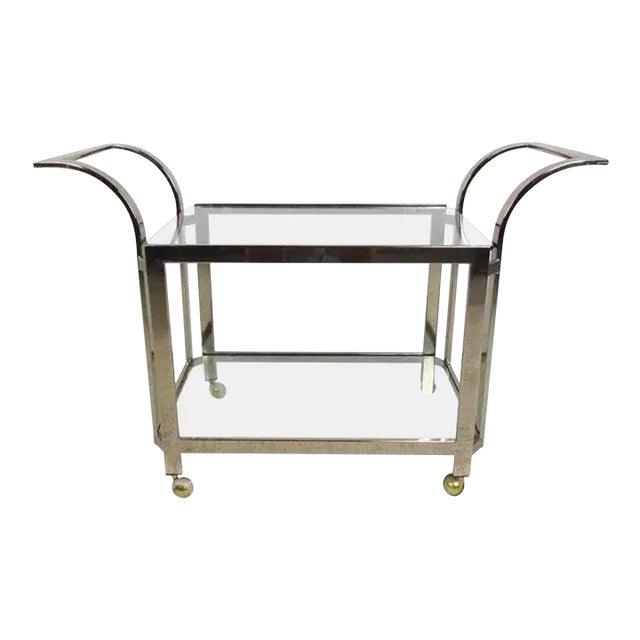 MCM Milo Baughman Style Chrome Bar Serving Cart 1970s For Sale