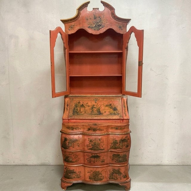 Terra Cotta Mid-Century Italian Venetian Coral & Gilt Hand Painted Chinoiserie Secretary Desk For Sale - Image 8 of 9