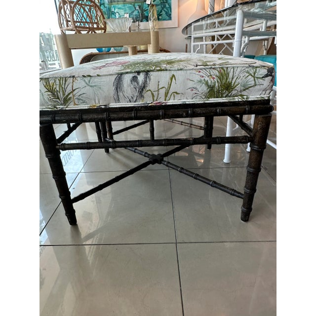 Textile Vintage Faux Bamboo Ottomans Benches Stools Birds New Upholstery -A Pair For Sale - Image 7 of 13