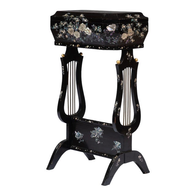 Japanese Black Lacquered Lyre Base Sewing Box on Stand With Abalone and Mother-Of Pearl Inlays, 1880 For Sale