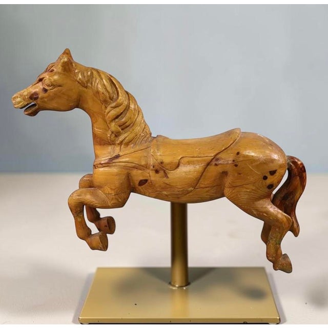 Antique Carved Raw Wood Carousel Horse Mounted on Metal Stand.