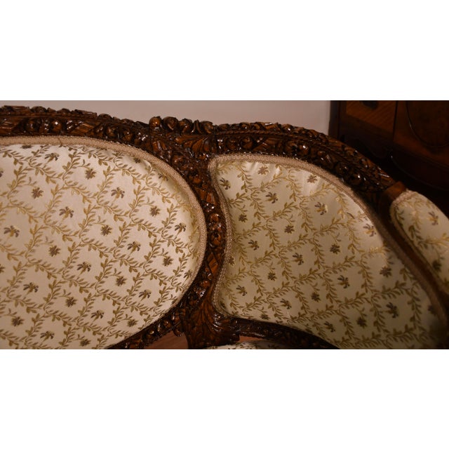 Wood 1920s Antique French Carved Walnut Spring-Seat Loveseat Sofa New Upholstery For Sale - Image 7 of 17