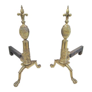 Late 18th Century Pair of French Claw Foot Fleur D Elise Finial Brass Andirons For Sale