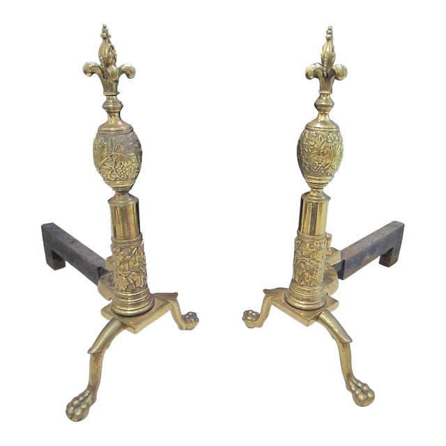 Late 18th Century Pair of French Claw Foot Fleur D Elise Finial Brass Andirons For Sale