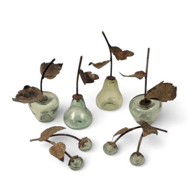 Set/6 Italian hand blown glass sculptures with glass bodies and metal stems. Two pears, two apples and two cherries. The...