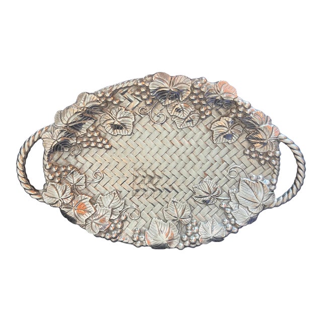 Vintage Lenox Silver Pewter Serving Tray Grape & Basket Design For Sale