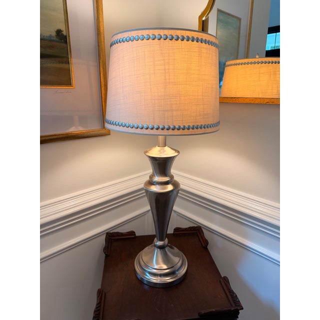 Stiffel Brushed Nickel / Pewter-Tone Modern Classic Table Lamp With Custom Nailhead Linen Shade For Sale In Charleston - Image 6 of 6