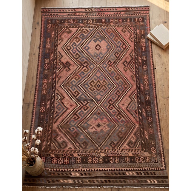 Vintage Maimana Kilim Area Rug, Handwoven Wool, 8x12, Rose & Slate For Sale - Image 9 of 11