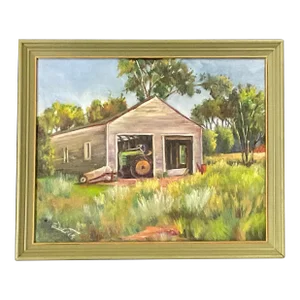 1960s Impressionist Original Oil Painting of Rustic Barn, Artist Signed, Framed