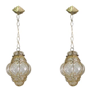 1970s Wonderful Amber Vintage Venetian Lantern, Murano Glass - Set of 2 For Sale