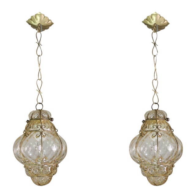 1970s Wonderful Amber Vintage Venetian Lantern, Murano Glass - Set of 2 For Sale