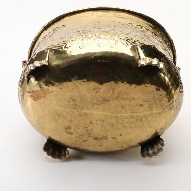 Mid 20th Century Vintage Brass Plated Ring Handled Claw Foot Repoussé Jardinière Log Holder Planter For Sale - Image 5 of 10