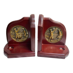 Vintage 1980s Bronze Scottish Castle Couple Golfing Mahogany Bookends - a Pair