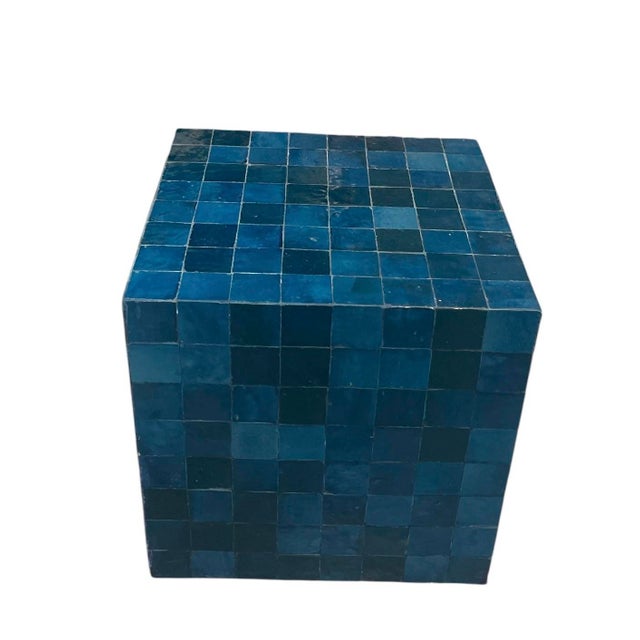 Ceramic Vintage Moroccan Deep Blue Zellige Terracotta Tile Cube Side Table For Sale - Image 7 of 12