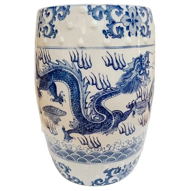 Chinese Blue & White Garden Stool With Dragon & Phoenix For Sale - Image 4 of 9