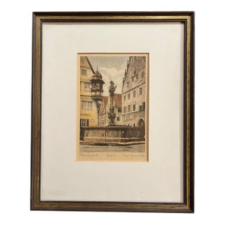 Original Colored Etching of Rothenburg Germany by Ernst Geissendörfer- “Georgsbrunnen M. Rathaus” For Sale