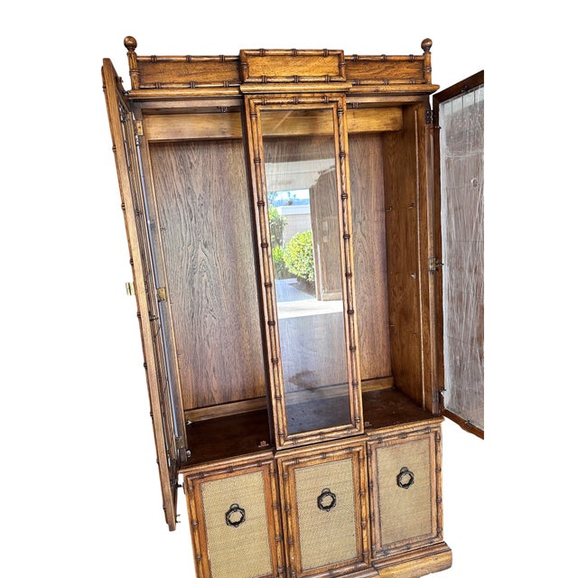 Vintage Coastal Faux Bamboo China Display Curio Cabinet Rattan Wood Glass For Sale - Image 10 of 16
