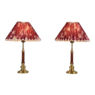 1970s Brass and Wood Table Lamps With Pleated Floral Shades - a Pair For Sale