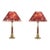 1970s Brass and Wood Table Lamps With Pleated Floral Shades - a Pair For Sale