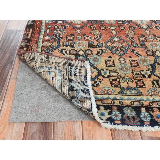 1960s Sunset Colors, Hand Knotted Vintage Persian Hamadan With Fish Repetitive Design, Distressed Wool, Wide Runner Rug For Sale - Image 4 of 8