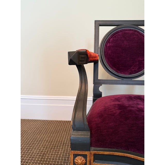 French Hollywood Regency Ebonized Armchair With Bold Fabric For Sale - Image 3 of 12