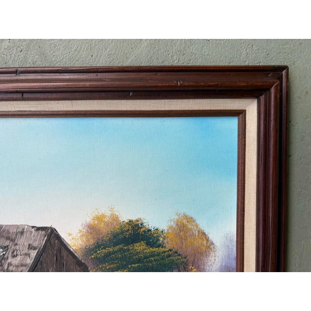Wood Vintage Signed Rustic Water Mill Landscape Oil Painting in Wood Frame For Sale - Image 7 of 8