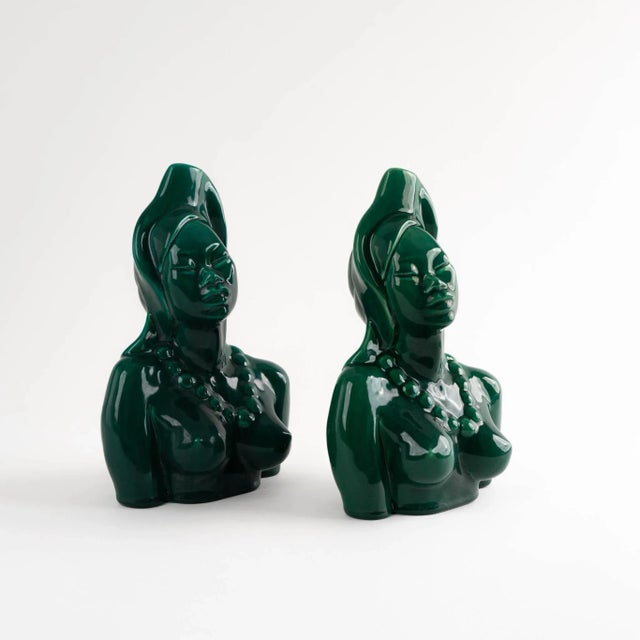 Green Emerald Green Ceramic Goddess Bust Figures - Pair For Sale - Image 8 of 12