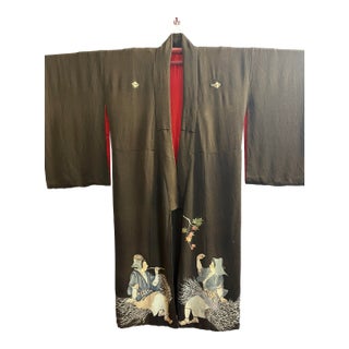 Vintage Black Kurotomesode Kimono With Hand-Embroidered Figures & Flowers For Sale
