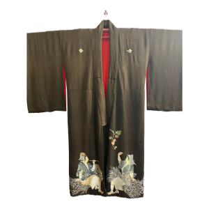 Vintage Black Kurotomesode Kimono With Hand-Embroidered Figures & Flowers