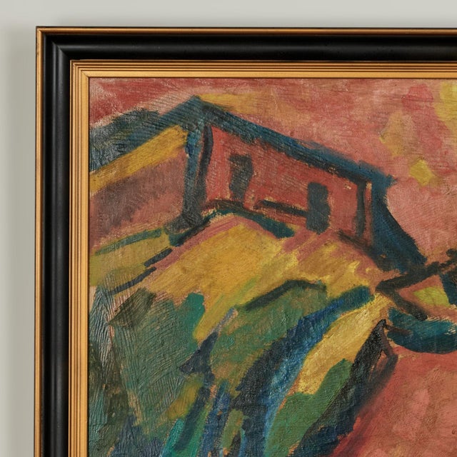Powerful German expressionist oil painting on canvas of a stylized landscape with trees and a house ,executed with...