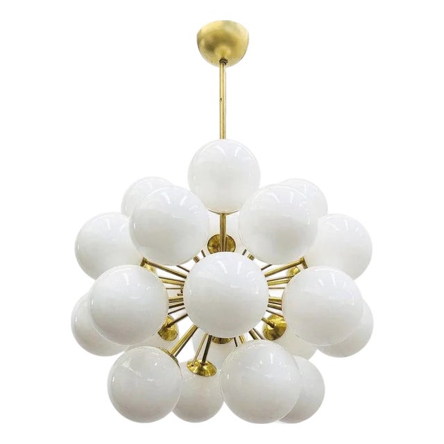 21st Century Ventiquattro Natural Brass Glossy White Murano Sputnik Chandelier by Fabio LTD For Sale