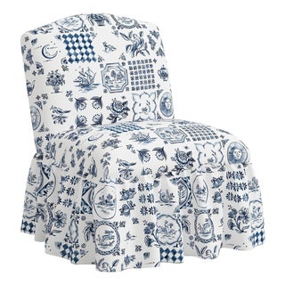 Ashburn Ruffle Slipper Chair in Delft Print For Sale