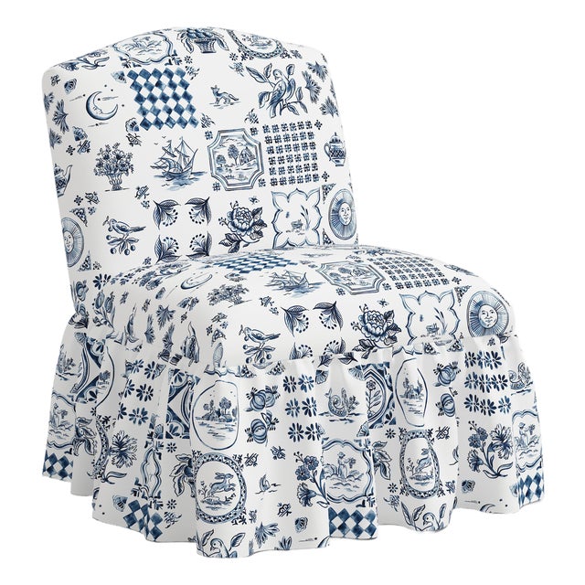 Ashburn Ruffle Slipper Chair in Delft Print For Sale