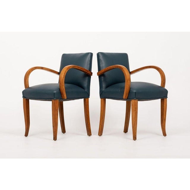 Wood Antique Art Deco Maple Bentwood and Blue Leather Dining Chairs 1930s For Sale - Image 7 of 11
