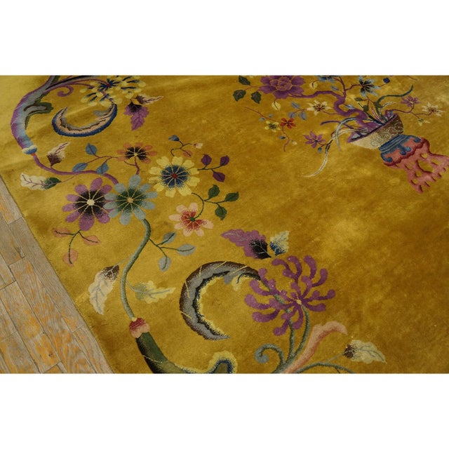 1920s Yellow Floral Antique Chinese Art Deco Rug 8'8"x11'4" Knotted Wool Carpet For Sale - Image 4 of 9