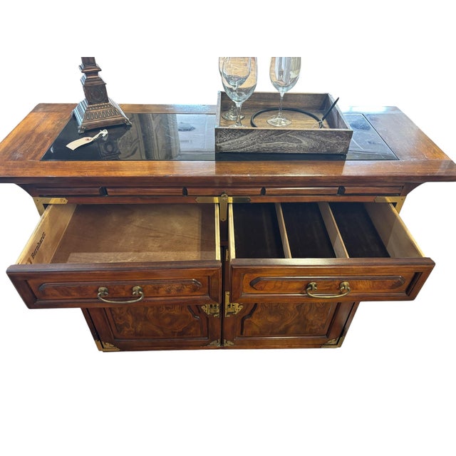 Campaign Vintage Chinese Campaign Style Walnut Server Cabinet For Sale - Image 3 of 12