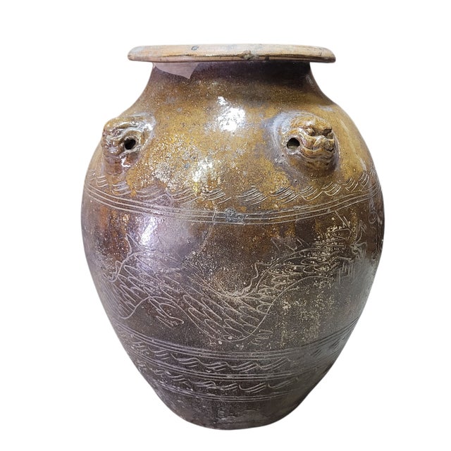 Chinese Large Antique Chinese Martaban Stoneware Dragon Jar, Qing Dynasty Circa 1850 For Sale - Image 3 of 12