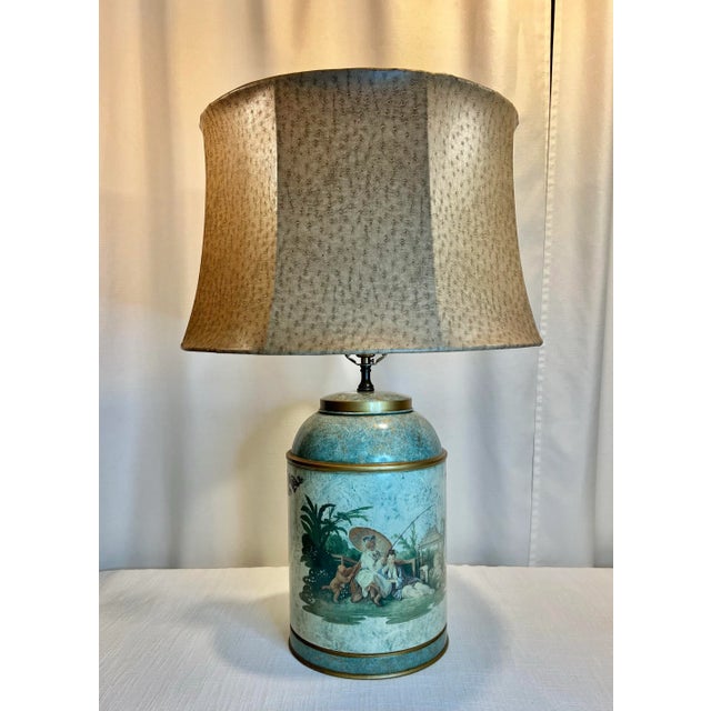 Chelsea House Inc Vintage Chelsea House Chinouserie Style Ginger Jar Tea Caddy Tin Table Lamp With Shade For Sale - Image 4 of 12