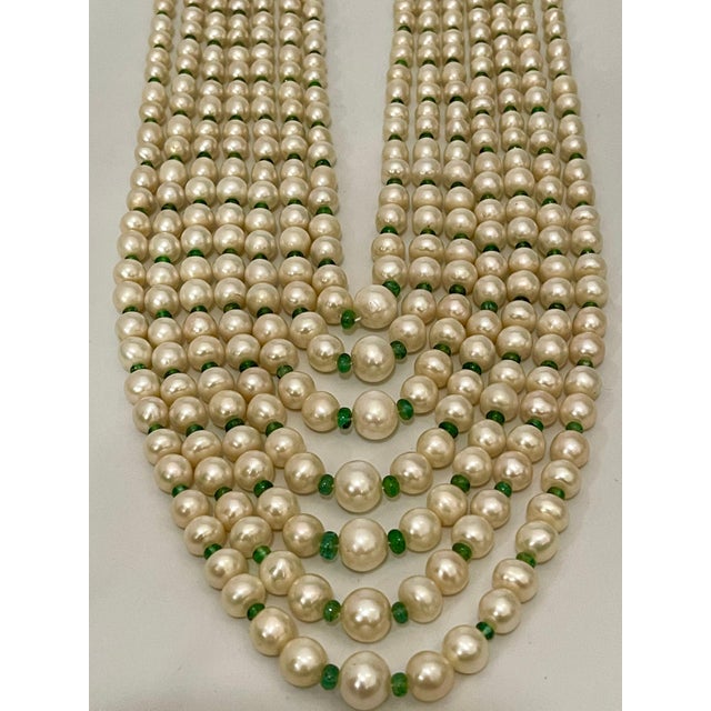 Cream 7Layer Fresh Water Pearl , Emerald Bead + 14K Spacer Clasp Opera Length Necklace For Sale - Image 8 of 18