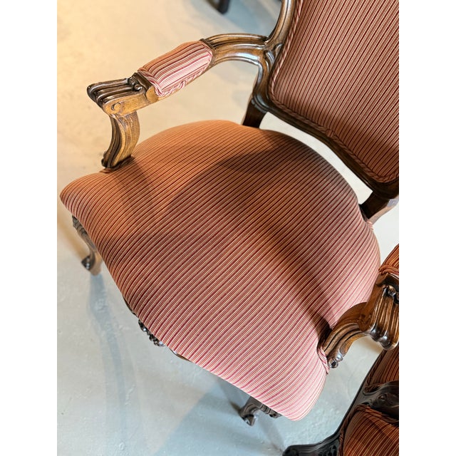 Pair of Vintage Walnut Louis XV-Style Upholstered Arm Chairs For Sale - Image 4 of 9
