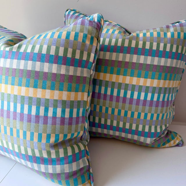 Pair of large multi-color check throw or sofa pillows in a beautiful checkered gingham withe greens, blues, yellows, and...