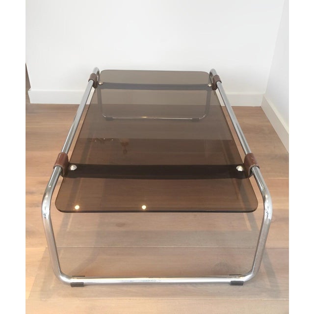 Mid-Century Modern 1950s Chrome, Leather and Smoked Glass Coffee Table For Sale - Image 3 of 7