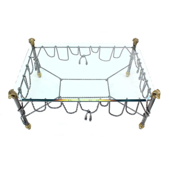 Ornate Wrought Iron Brass Ram Head Motive Glass Top Rectangle Coffee Table For Sale - Image 9 of 9