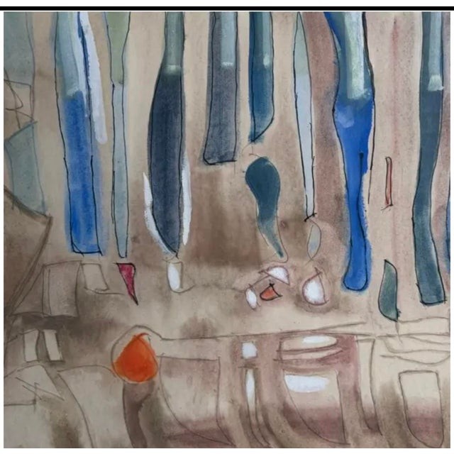 Wood Mid Century Abstract, Surrealist Watercolor Painting - A Kitchen Scene - Signed and Dated 1960 For Sale - Image 7 of 9