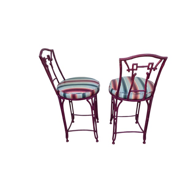 2 Vintage Chinese Chippendale Regency Side Chair Counter Stools Aluminum Bamboo For Sale - Image 15 of 16