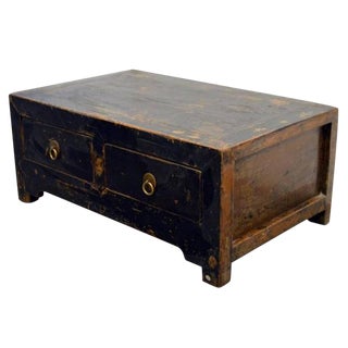 Antique Chinese 19th Century Low Kang Two Drawers Black Lacquered Cabinet For Sale