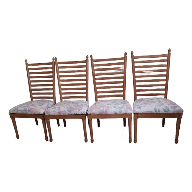 Vintage Ladder Back Dining Chair Wood Frame Upholstered Seat Set of 4 For Sale