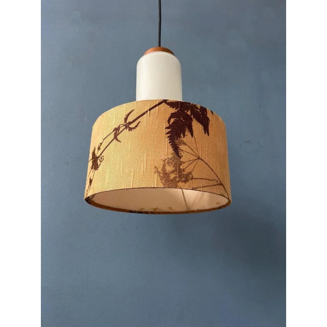 Mid-Century Opaline Glass Pendant Lamp with Beige Fabric Jungle Shade For Sale - Image 11 of 11